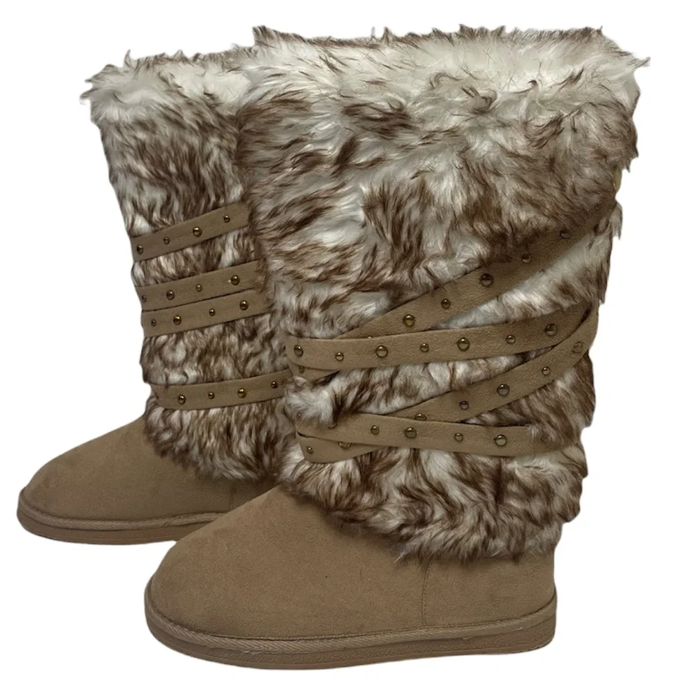 Fur Boots Knee High Strappy Fleece Lined Chunky Eskimo Winter Snow Boots Size 8